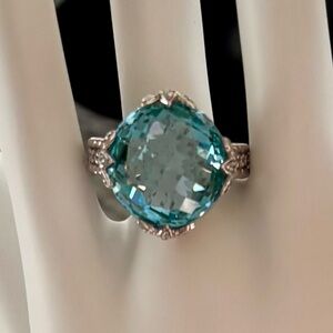 Judith Ripka Sterling Silver Teal Cubic Zirconia Ring size 7